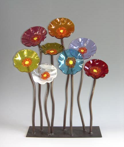 Tabletop Poppies — fused glass by Carole Perry, Laughing Glass Studio