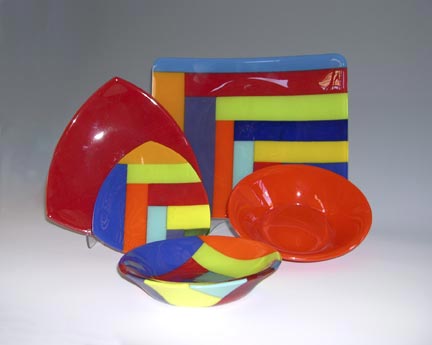 5-Piece Dinnerware — Red Mixed — fused glass by Carole Perry, Laughing Glass Studio
